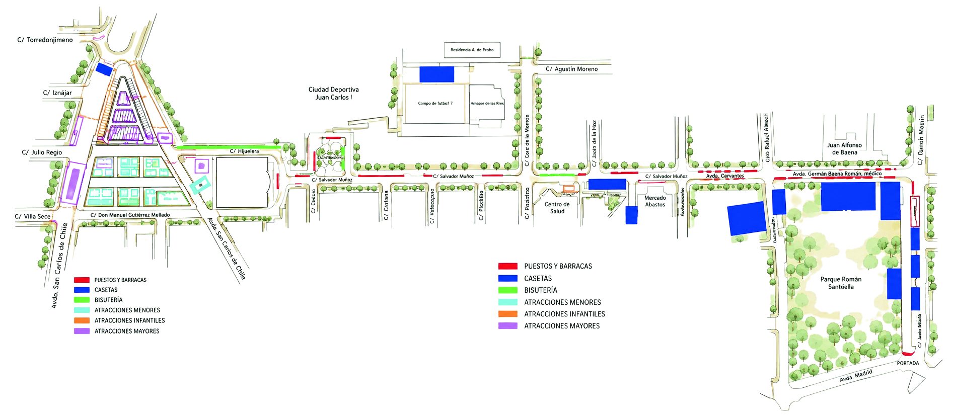 Plano del Recinto Ferial de Baena 2026: una franja alargada con las atracciones a un lado y, a lo largo de las calles Salvador Muñoz y avenida de Cervantes, las casetas, los puestos y las barracas hasta el parque Román Santaella.