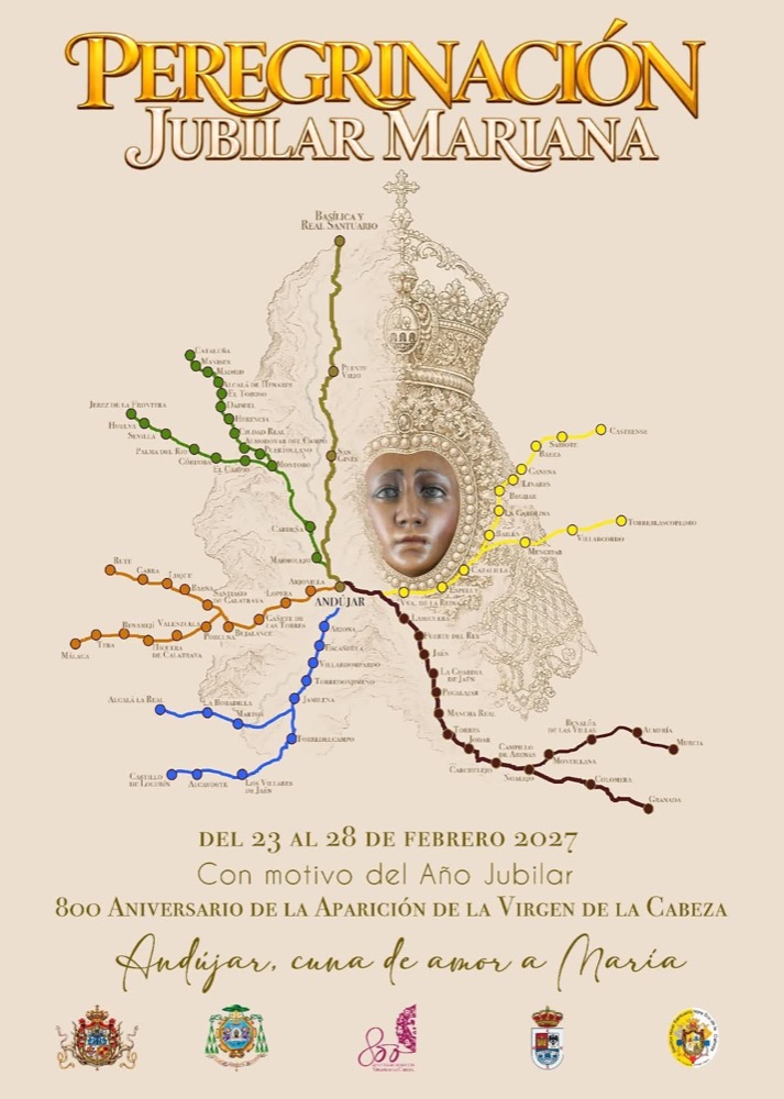 Cartel de la Peregrinación Jubilar Mariana: el rostro de la Virgen de la Cabeza sobre un mapa con los caminos de colores que llegan a Andújar, del 23 al 28 de febrero de 2027.