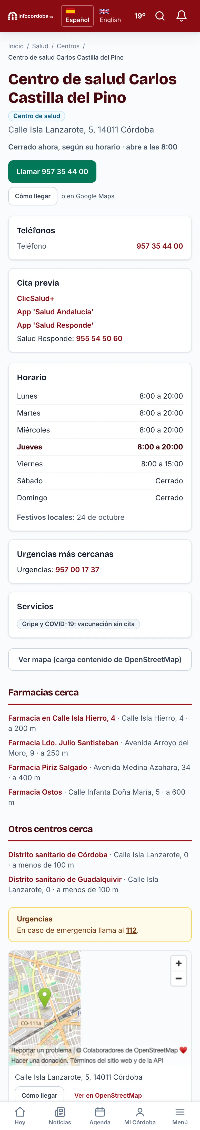 The page of a health centre, with its opening hours and appointments