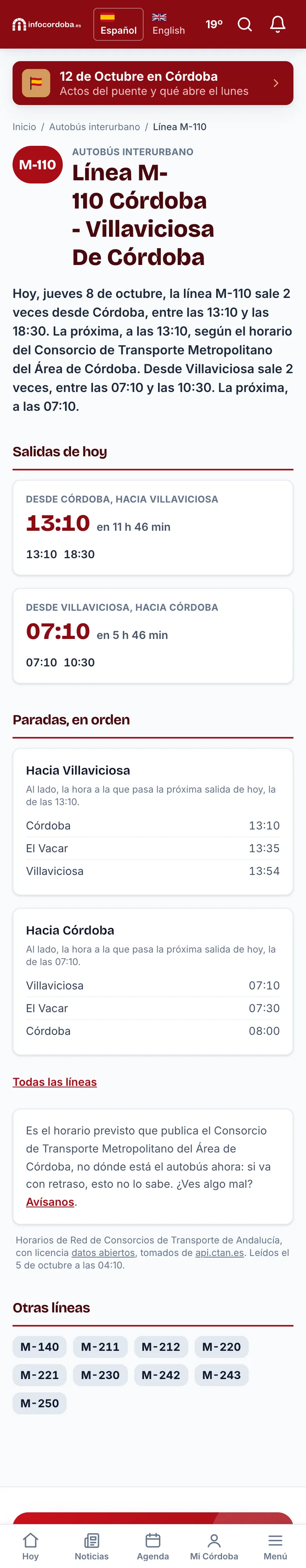 The page of a line, with its departures and its stops