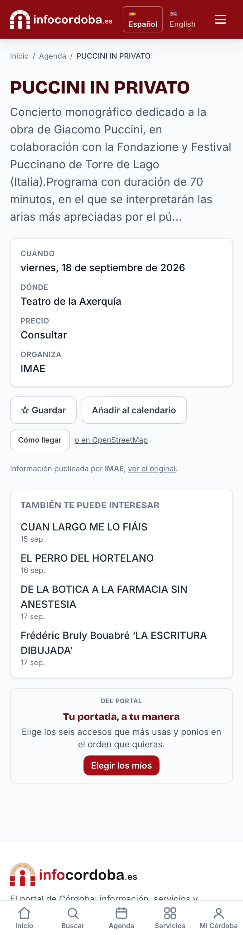 Ficha de un acto de la agenda con el botón «Añadir al calendario»