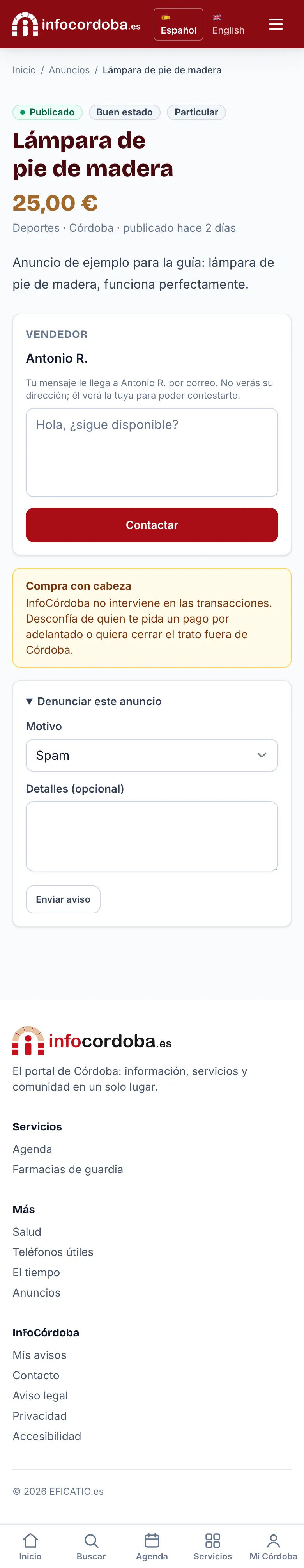 Un anuncio con el formulario para contactar y el de denunciar