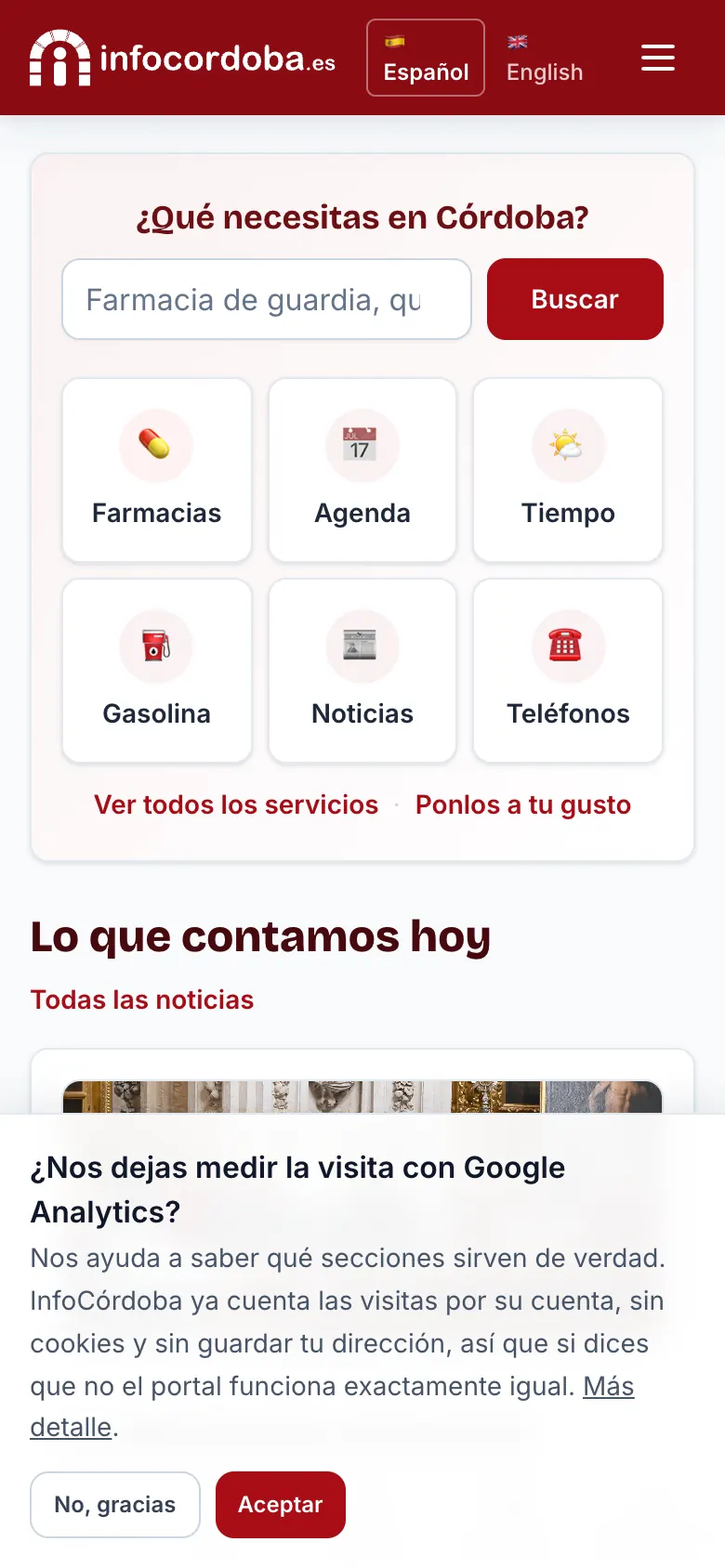 El aviso de cookies con «No, gracias» y «Aceptar»