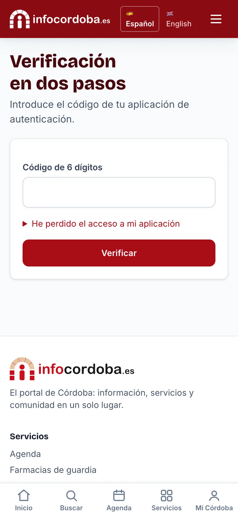 Pantalla que pide el código de 6 dígitos