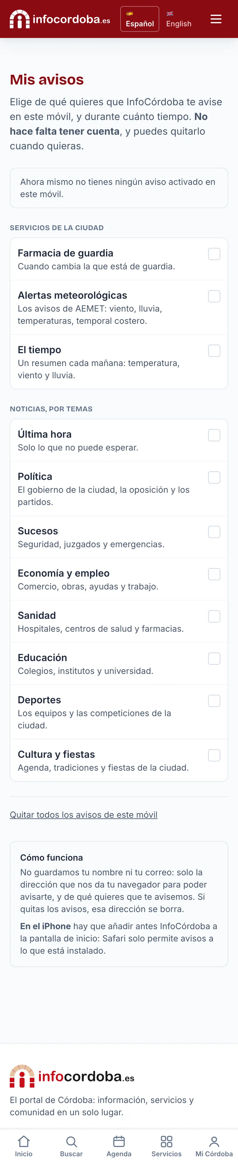 La página «Mis avisos»
