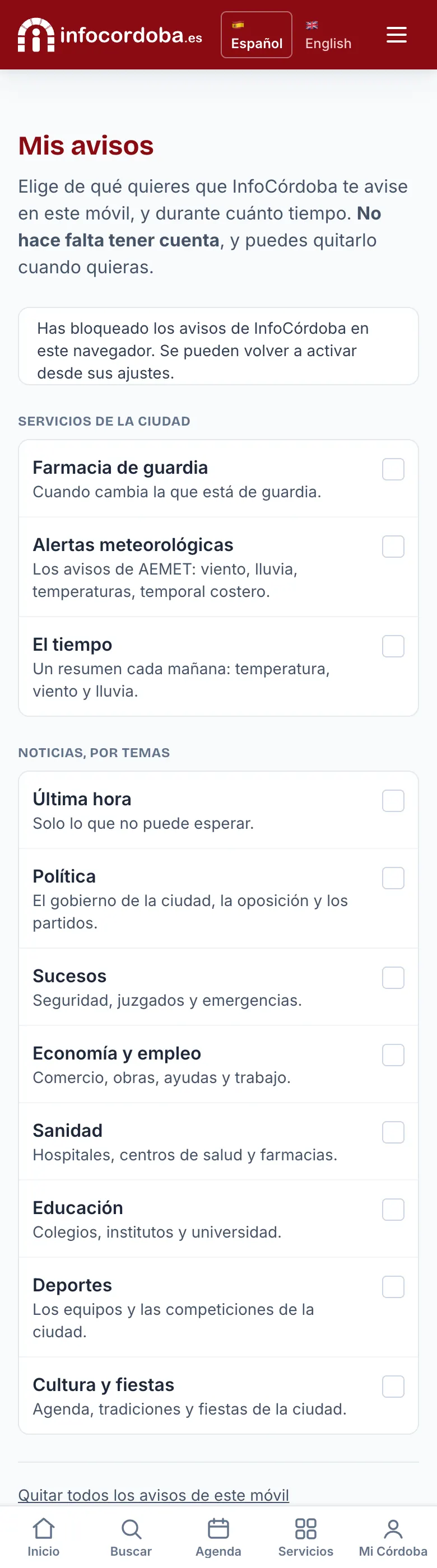 El aviso de avisos bloqueados en Mis avisos