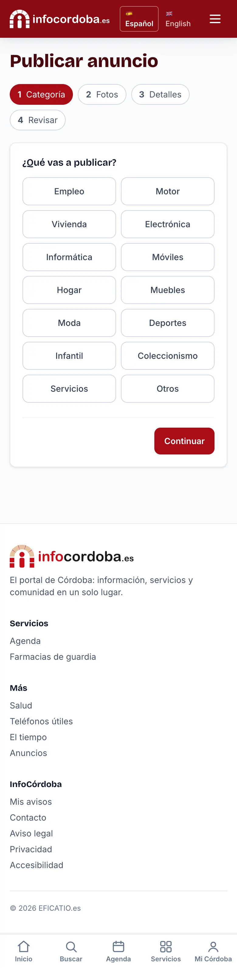 Publicar anuncio, paso 1: elegir la categoría
