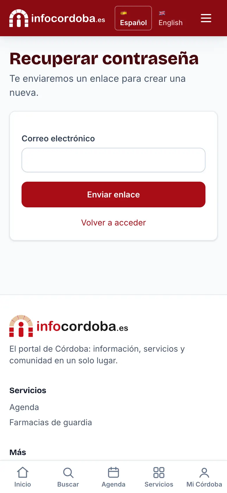 Pantalla para recuperar la contraseña