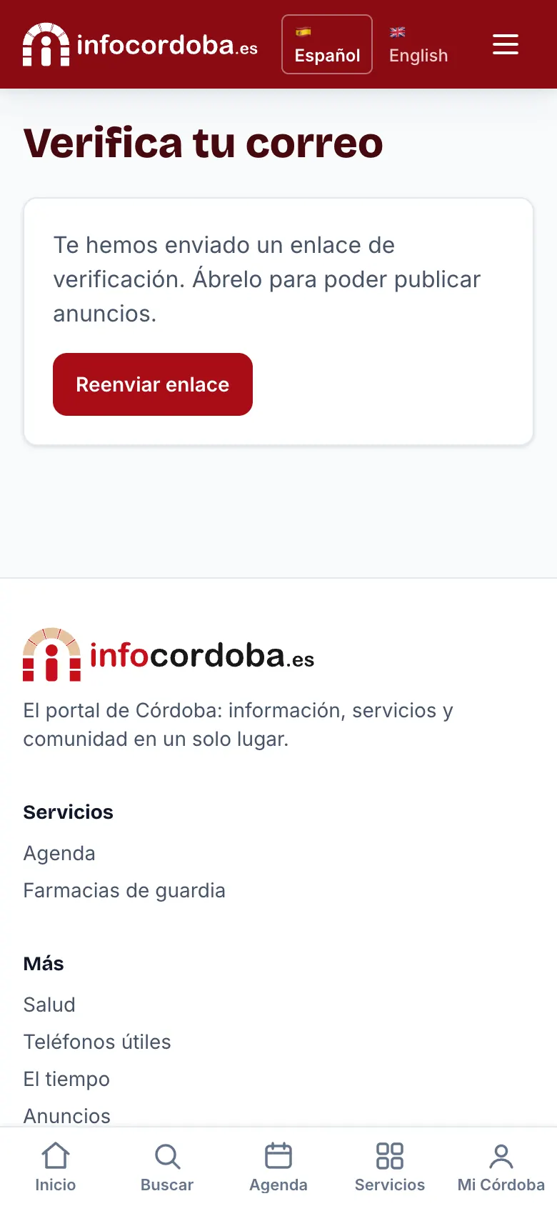 Pantalla «Verifica tu correo» con el botón «Reenviar enlace»