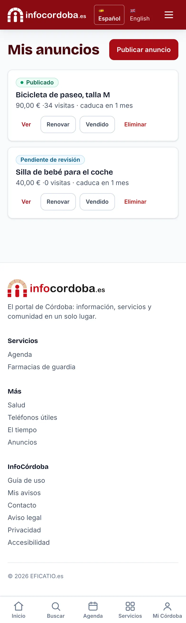 Mis anuncios con los botones Ver, Renovar, Vendido y Eliminar