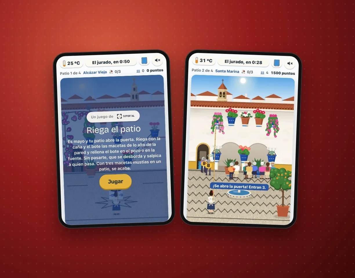 Dos pantallas del juego: la portada con el botón Jugar y el patio de Santa Marina con macetas, fuente, naranjo y visitantes entrando.