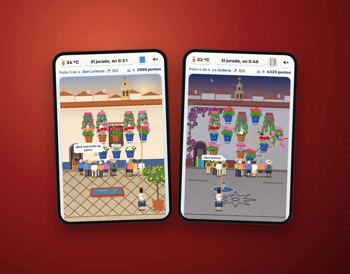 Dos pantallas del juego: el patio de San Lorenzo por la tarde y el de la Judería al anochecer, con macetas, visitantes y la torre del barrio.