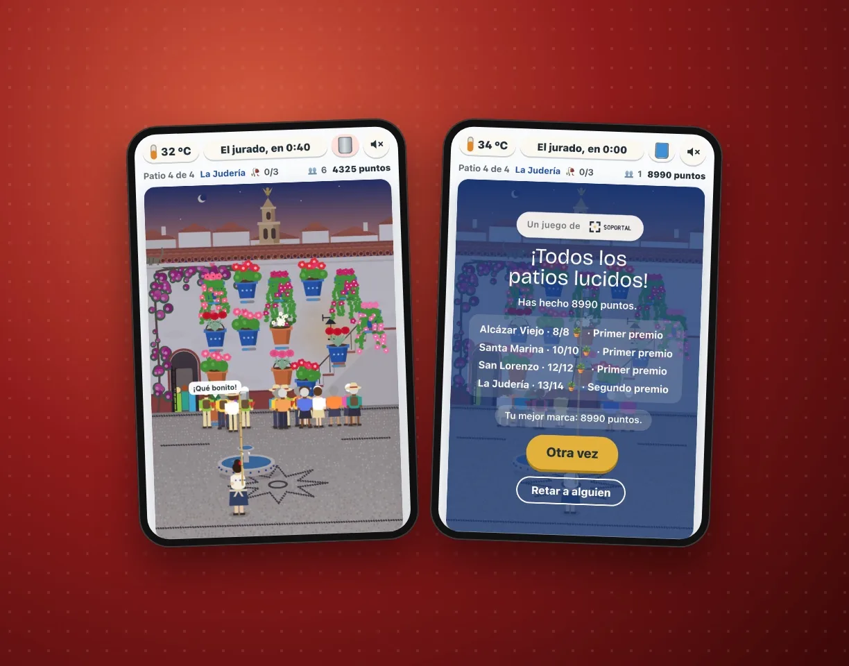 Dos pantallas del juego: la Judería de noche y la pantalla final con el resumen de los cuatro patios y los premios del jurado.
