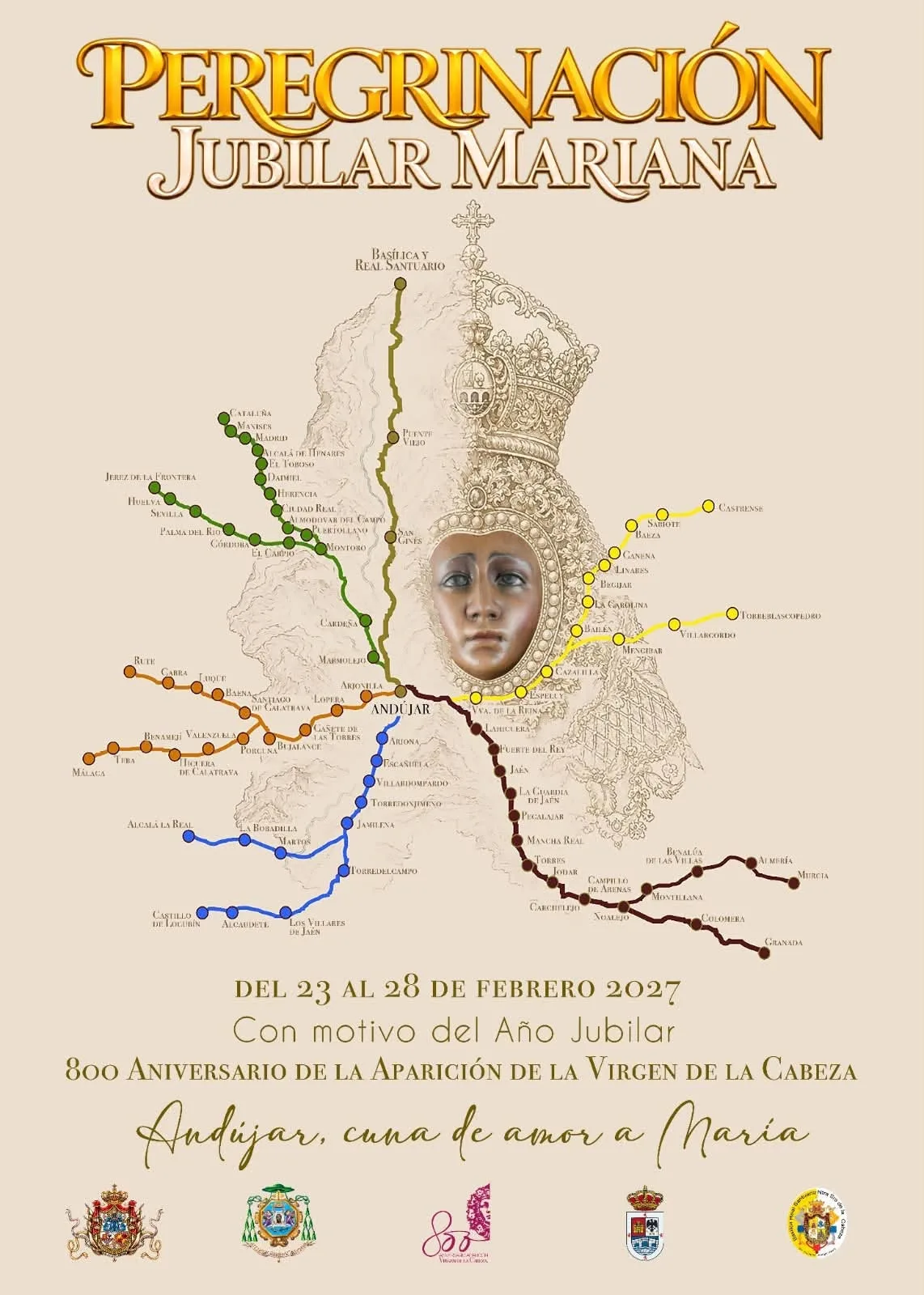 Cartel de la Peregrinación Jubilar Mariana: el rostro de la Virgen de la Cabeza sobre un mapa con los caminos de colores que llegan a Andújar, del 23 al 28 de febrero de 2027.
