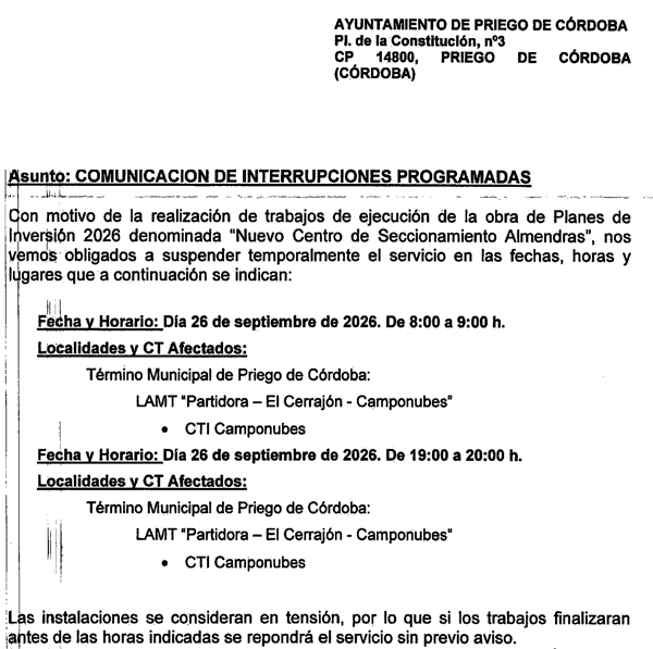Imagen de la noticia: Corte de luz en Camponubes el sábado 26 de septiembre