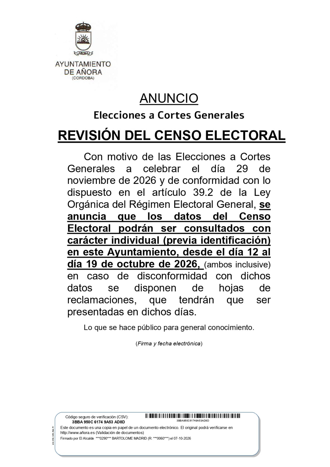 Imagen de la noticia: El censo electoral para el 29N se podrá consultar en Añora del 12 al 19 de octubre