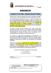 Imagen de la noticia: El censo electoral para las elecciones del 29 de noviembre se puede consultar del 12 al 19 de octubre