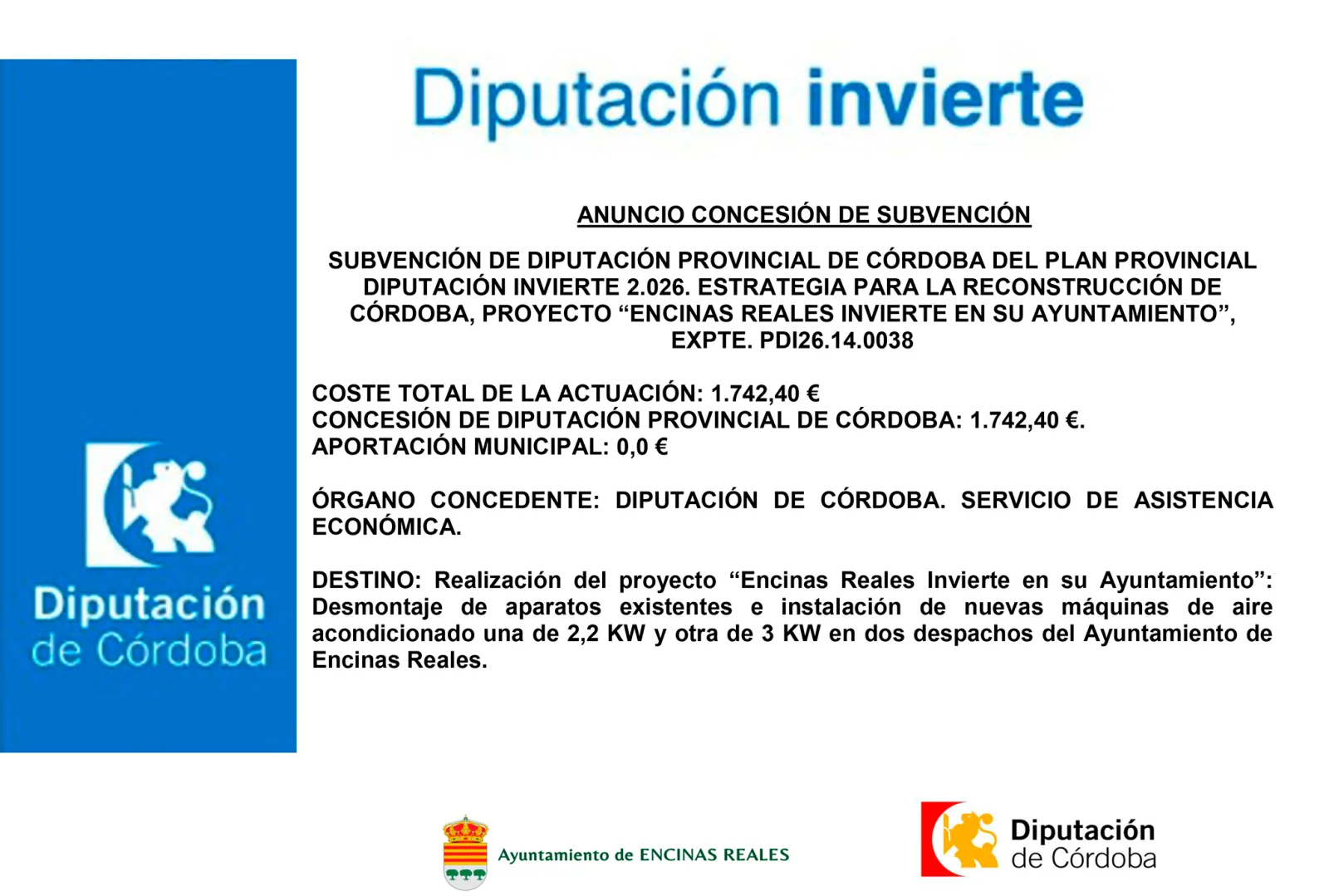 Imagen de la noticia: Encinas Reales renueva el aire acondicionado de dos despachos del Ayuntamiento con una subvención