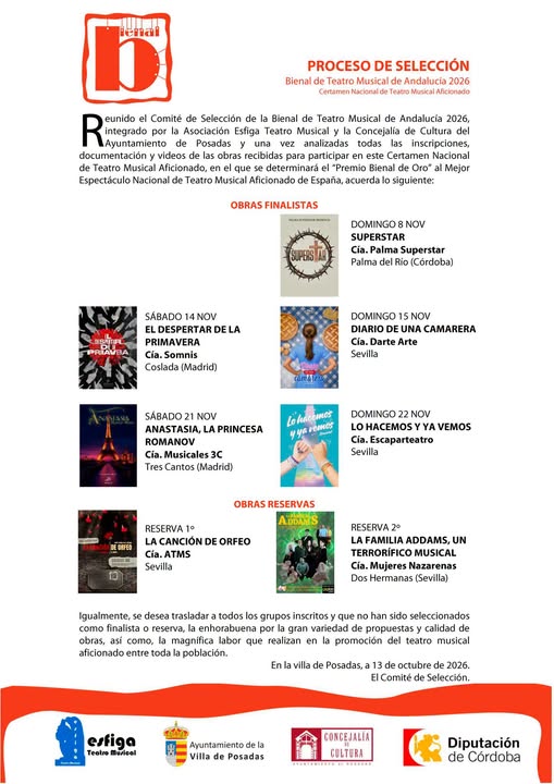 Imagen de la noticia: Posadas acoge en noviembre cinco obras de la Bienal de Teatro Musical de Andalucía