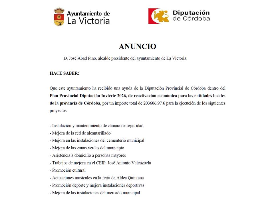 Imagen de la noticia: La Victoria destina 203.606,97 euros de la Diputación a seguridad, alcantarillado y ayuda a domicilio