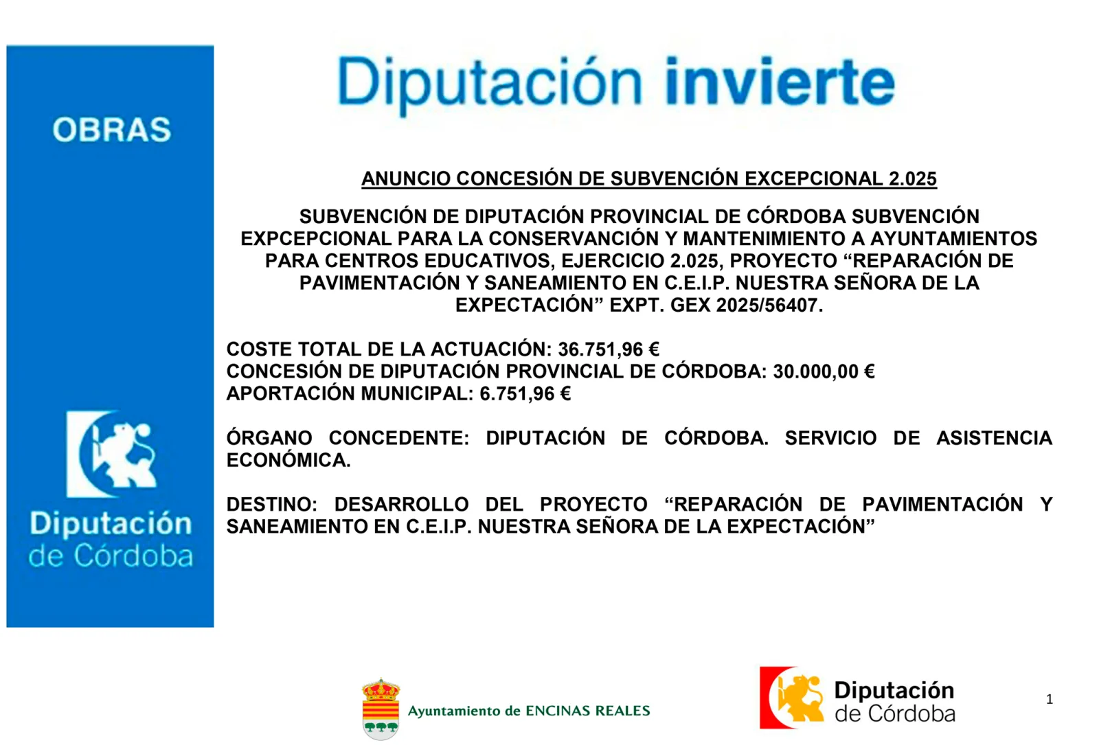 Imagen de la noticia: Encinas Reales repara la pavimentación y el saneamiento del colegio Nuestra Señora de la Expectación