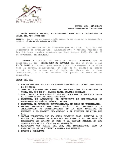 Imagen de la noticia: Villa del Río celebra pleno el miércoles con una nueva concejala