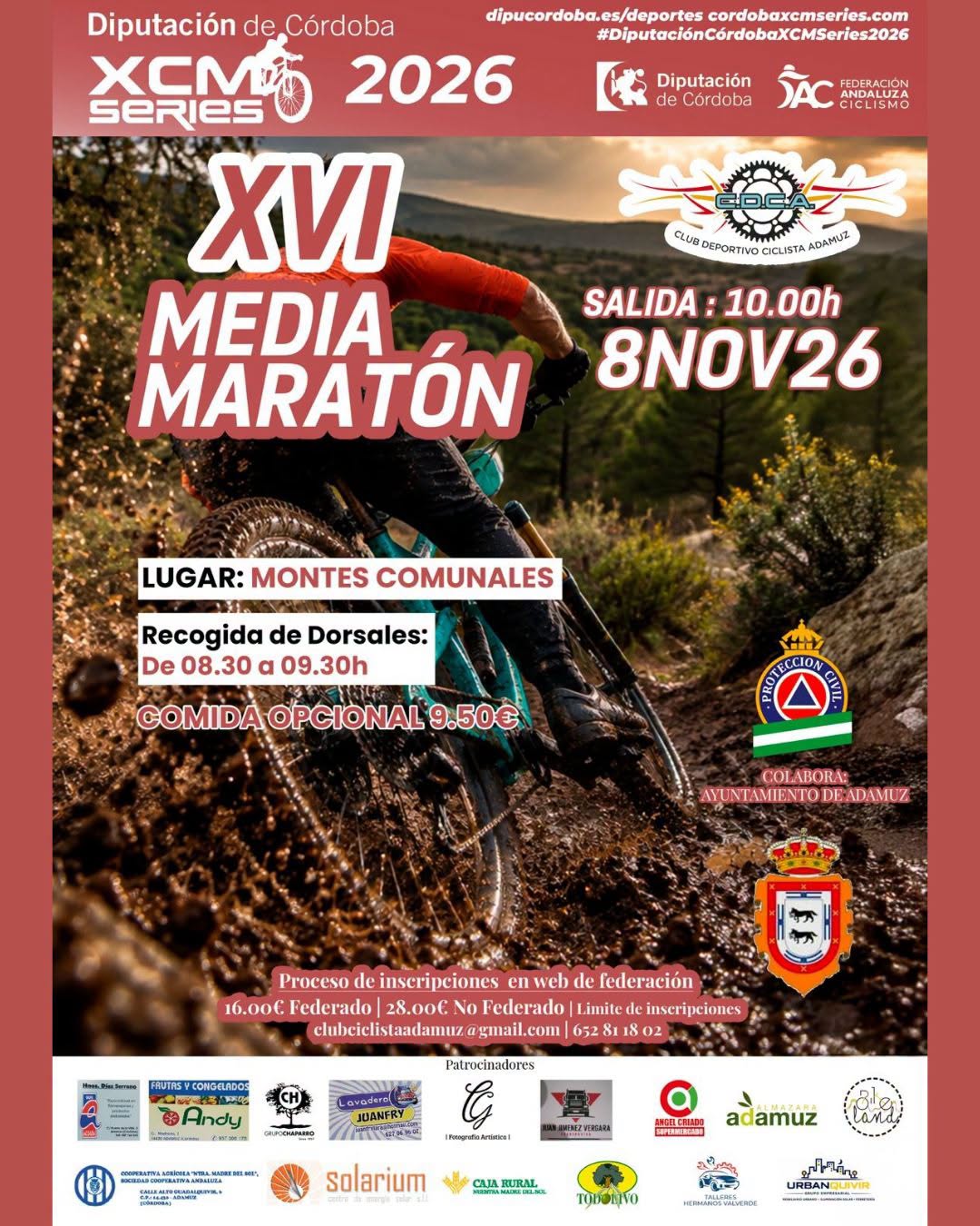 Cartel de una media maratón BTT con un ciclista pedaleando entre barro y vegetación, y textos de la prueba.