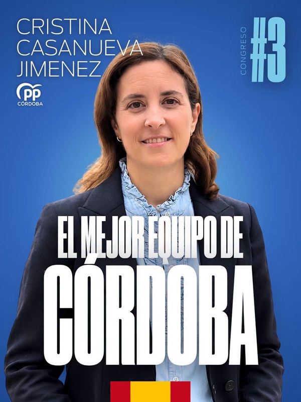 Cartel electoral con el retrato de una mujer sonriente sobre fondo azul y textos superpuestos.