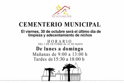 Cartel del Ayuntamiento de Villa del Río sobre el horario del cementerio municipal y el último día de limpieza de nichos.