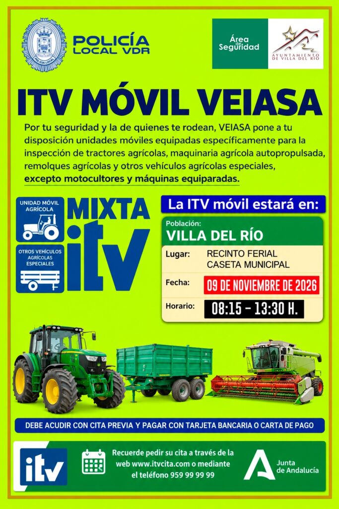 Cartel verde de la ITV móvil agrícola con tractores, remolque y cosechadora, y datos de la visita a Villa del Río.