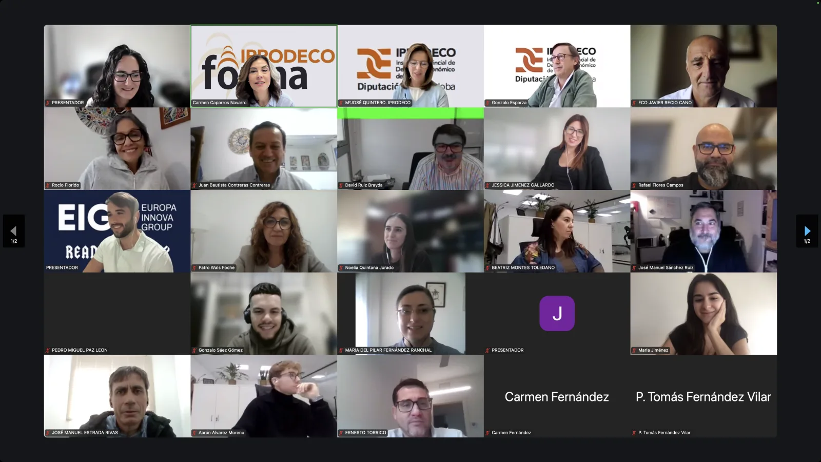 Videollamada con una veintena de personas en cuadrícula, algunas con logotipos de Iprodeco y Diputación de Córdoba.