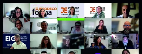 Videollamada con quince participantes en cuadrícula, algunos con el logotipo de Iprodeco y la Diputación de Córdoba de fondo.