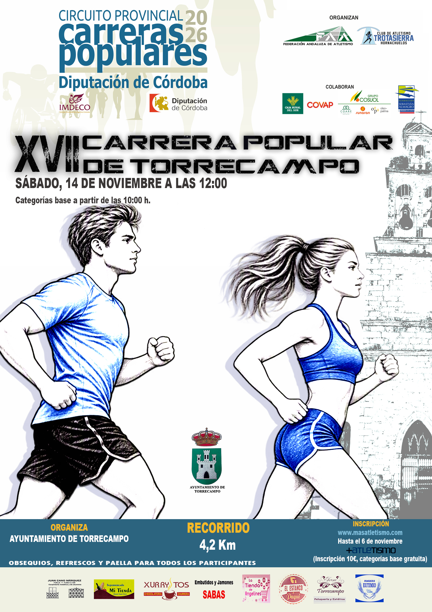 Cartel de una carrera popular con un corredor y una corredora dibujados y el texto XVII Carrera Popular de Torrecampo.
