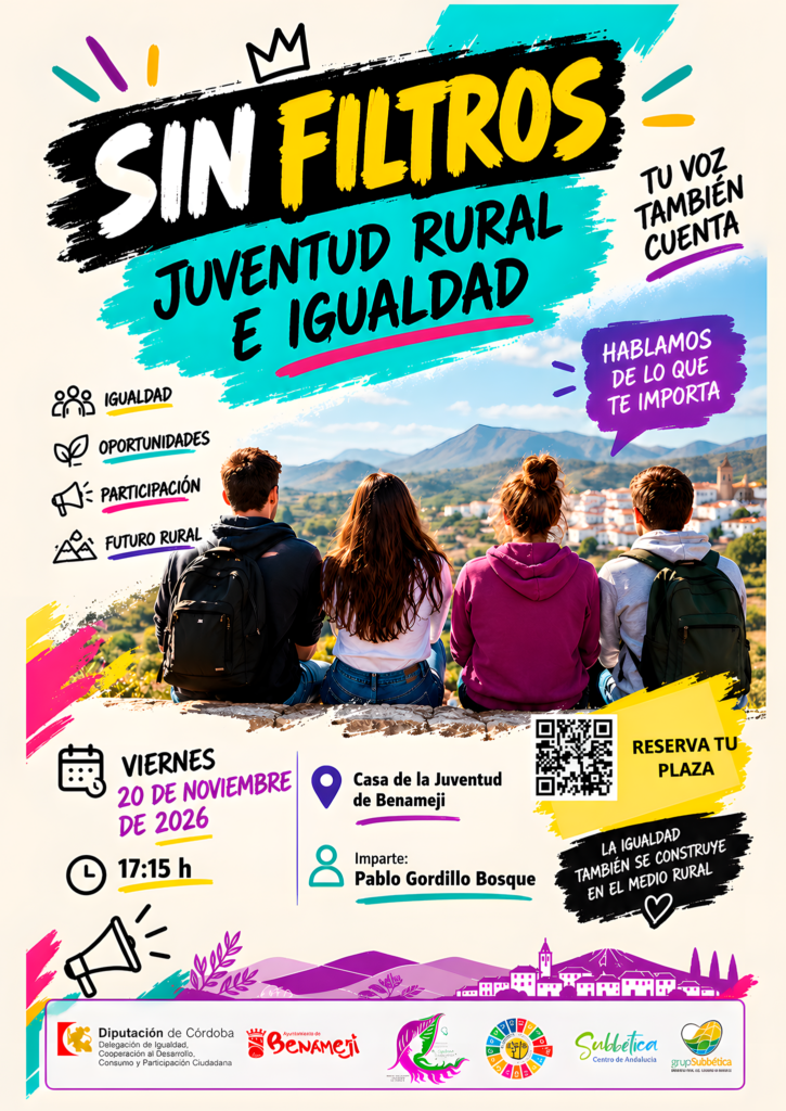 Cartel del taller Sin Filtros sobre juventud rural e igualdad, con cuatro jóvenes de espaldas mirando un paisaje.