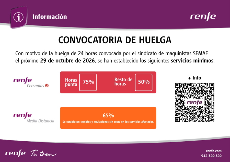 Cartel de Renfe sobre una convocatoria de huelga con servicios mínimos del 75%, 50% y 65% y un código QR.