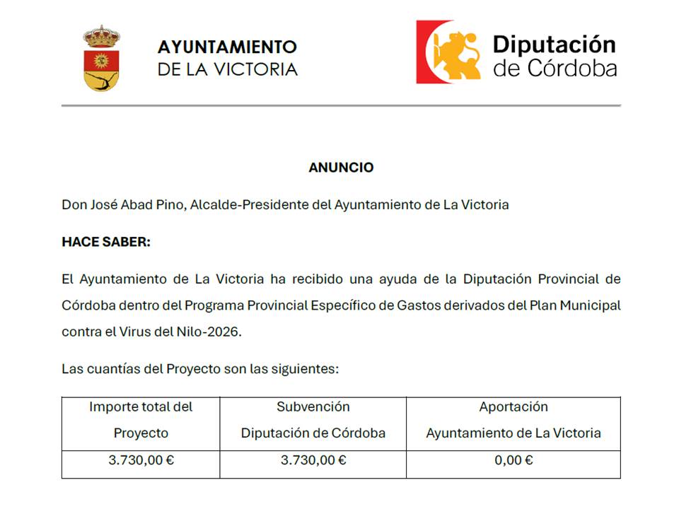 Documento oficial con los escudos del Ayuntamiento de La Victoria y la Diputación de Córdoba, un anuncio y una tabla de importes.