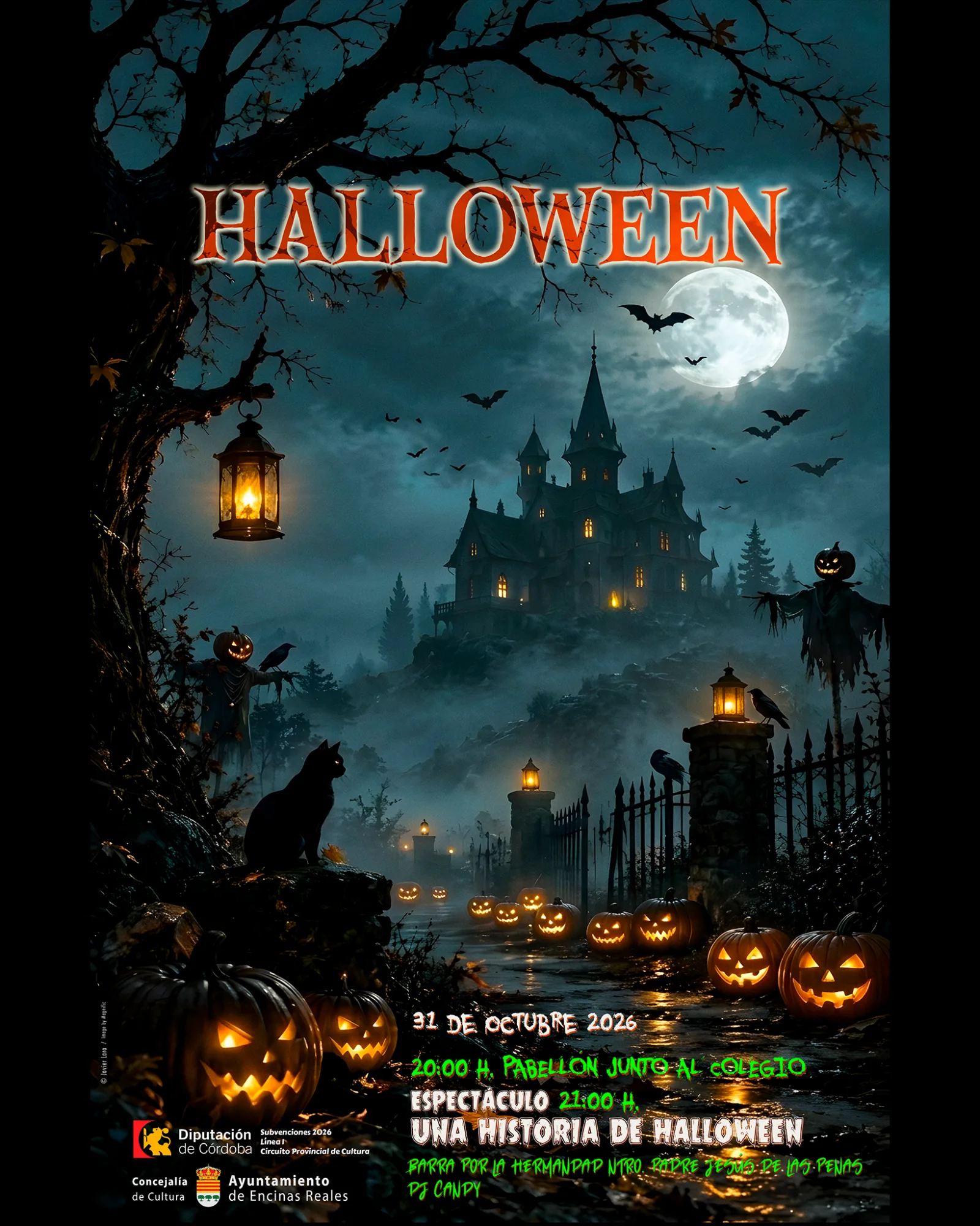 Cartel de Halloween con castillo iluminado, calabazas, murciélagos y faroles en un camino nocturno.