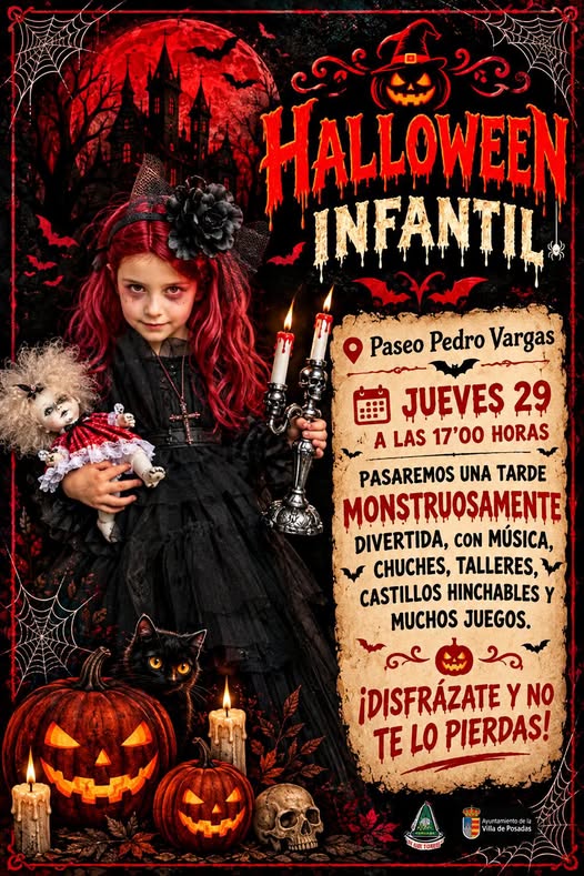 Cartel de Halloween infantil con una niña vestida de negro, calabazas, velas y un castillo al fondo.