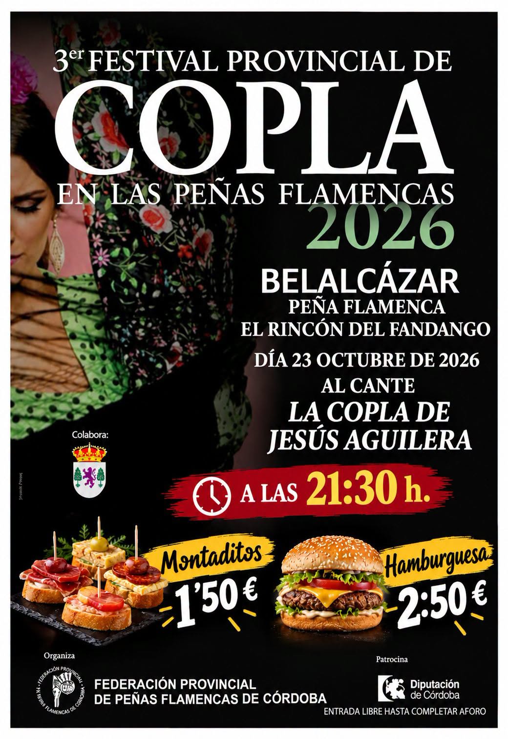 Cartel del 3er Festival Provincial de Copla en Belalcázar, con una mujer con traje de flamenca y fotos de montaditos y hamburguesa.
