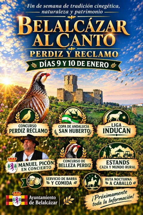 Cartel de un evento de caza en Belalcázar los días 9 y 10 de enero, con una perdiz, un castillo y un cantante.
