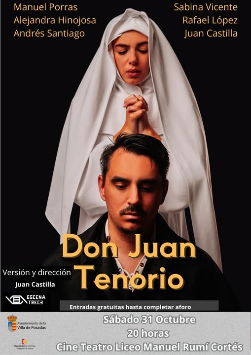 Cartel de la obra Don Juan Tenorio con un hombre y una mujer con toca blanca rezando detrás.