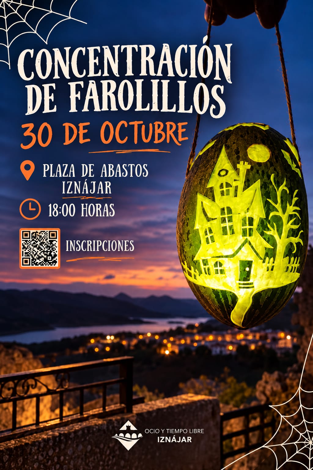 Cartel de una concentración de farolillos el 30 de octubre en la plaza de abastos, con un melón tallado iluminado.