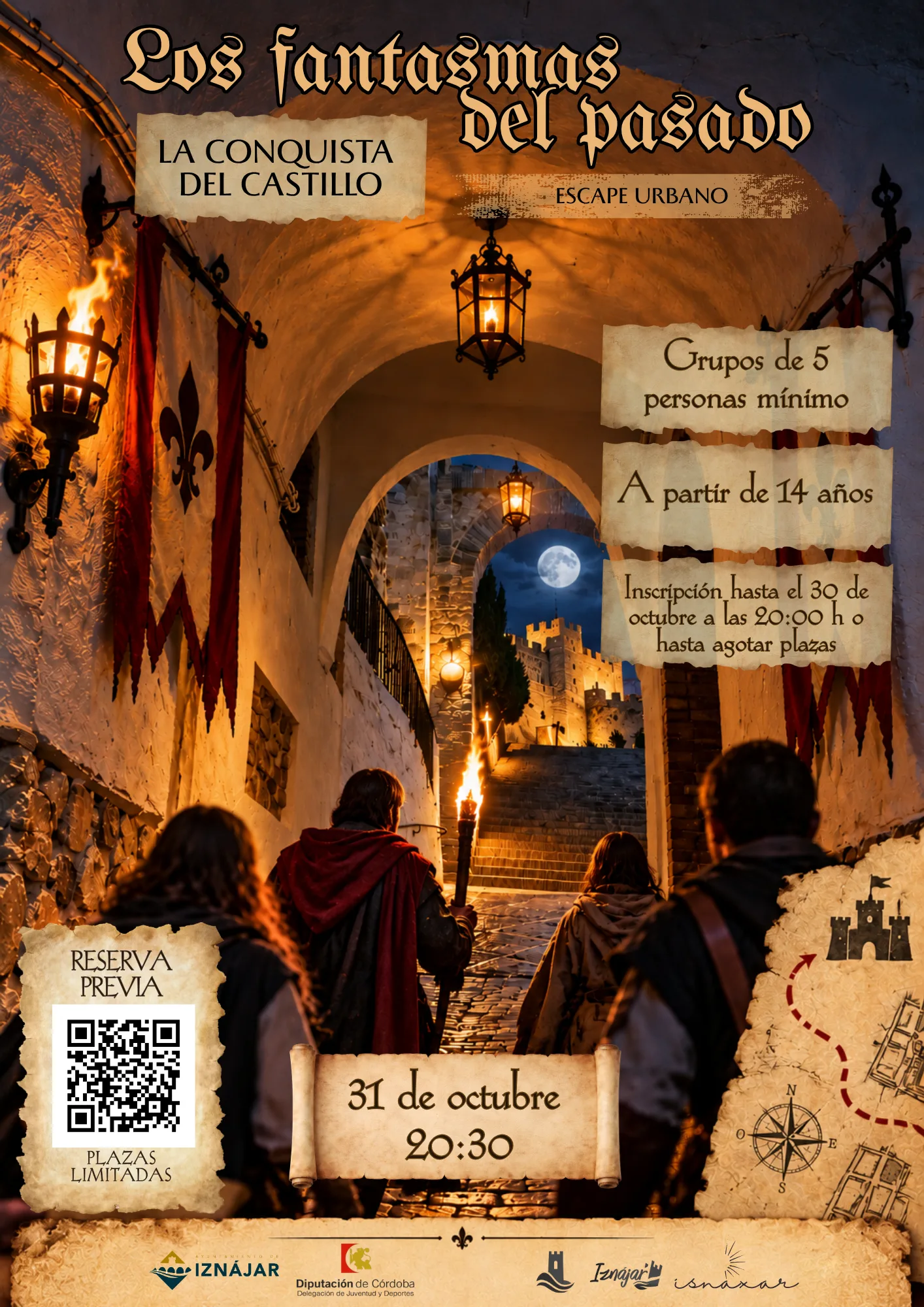 Cartel de un escape urbano nocturno con personas con antorchas en un pasadizo abovedado hacia un castillo.