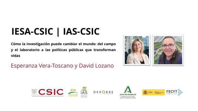 Cartel de una charla del CSIC con el título, los nombres de dos ponentes, sus retratos y varios logotipos.