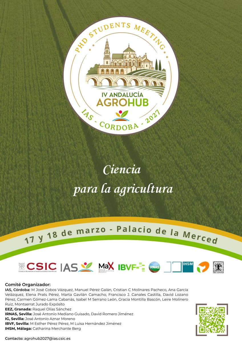Cartel sobre un campo verde con un emblema circular de un edificio con puente, el texto IV Andalucía Agrohub y la leyenda Ciencia para la agricultura.