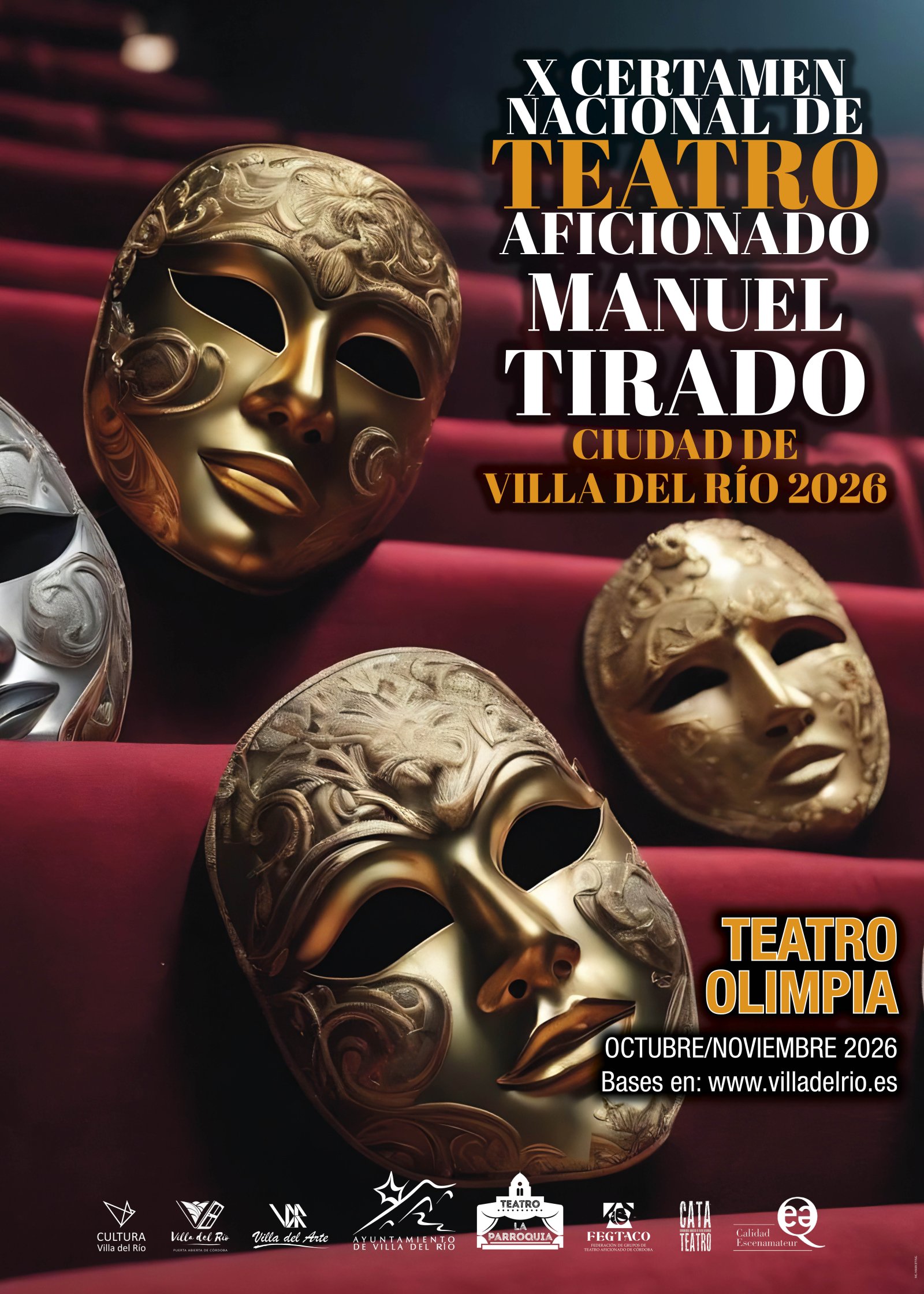 Máscaras teatrales doradas y plateadas sobre butacas rojas, con texto de un certamen de teatro aficionado en Villa del Río.