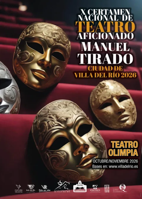 Cartel de un certamen de teatro con varias máscaras doradas y plateadas sobre butacas rojas.