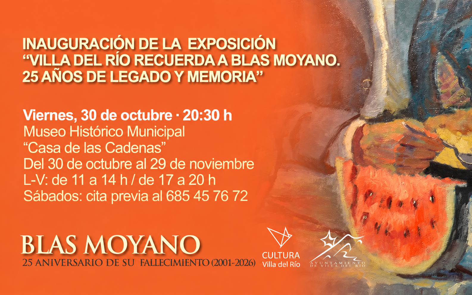 Cartel naranja con texto sobre una exposición en un museo y, a la derecha, una pintura de una sandía.