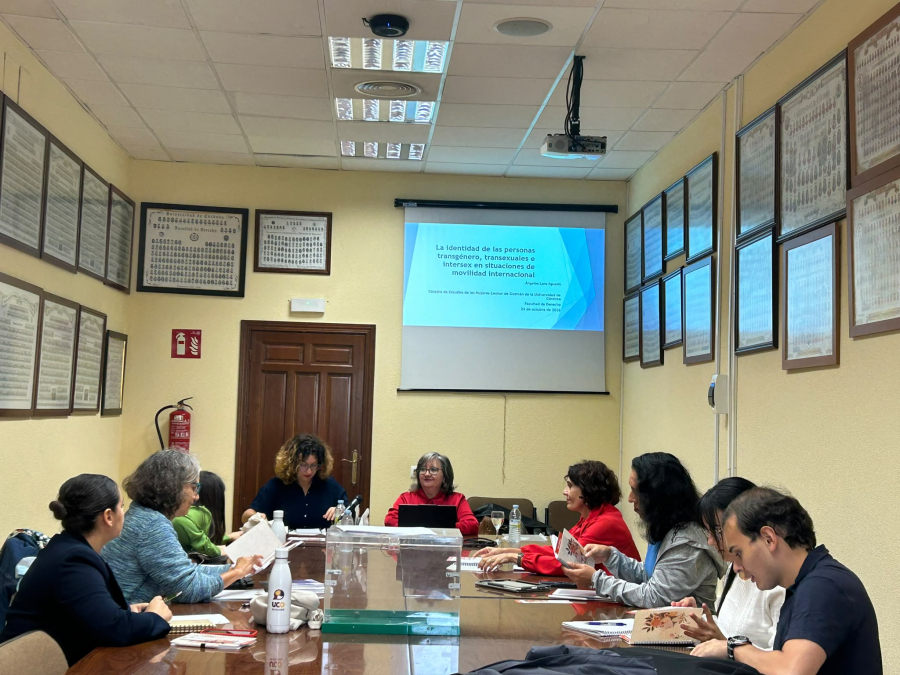 Unas ocho personas sentadas alrededor de una mesa de reuniones en una sala con un proyector encendido y cuadros en las paredes.