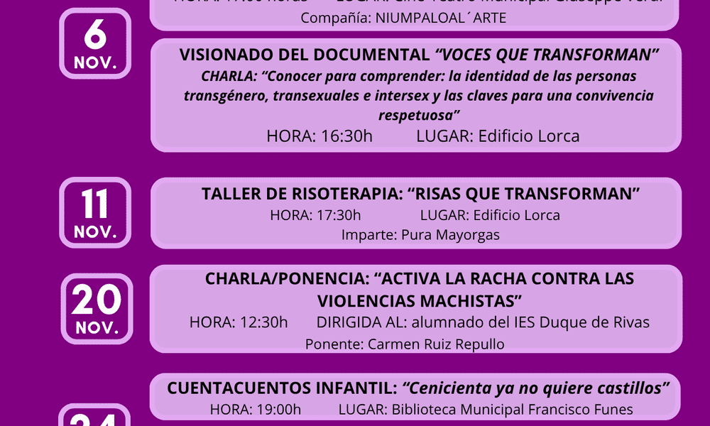 Cartel morado con un programa de actos de noviembre: documental, taller, charla y cuentacuentos, con fechas, horas y lugares.